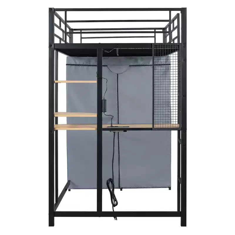 Loft Bed with Wardrobe Under The Bed and Curtain, Metal Bed Frame with Desk Shelves Power Outlet and LED Light
