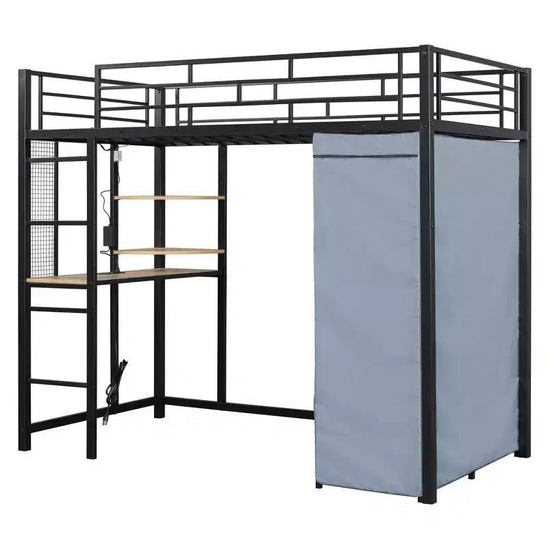 Loft Bed with Wardrobe Under The Bed and Curtain, Metal Bed Frame with Desk Shelves Power Outlet and LED Light