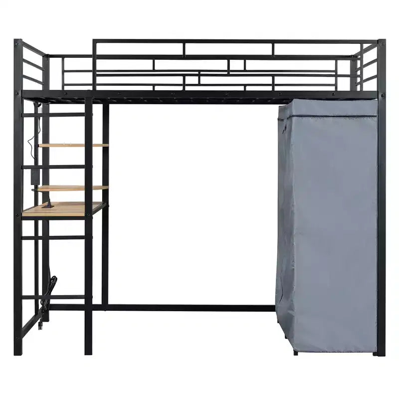 Loft Bed with Wardrobe Under The Bed and Curtain, Metal Bed Frame with Desk Shelves Power Outlet and LED Light