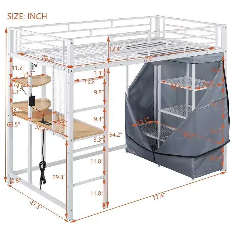 Loft Bed with Wardrobe Under The Bed and Curtain, Metal Bed Frame with Desk Shelves Power Outlet and LED Light