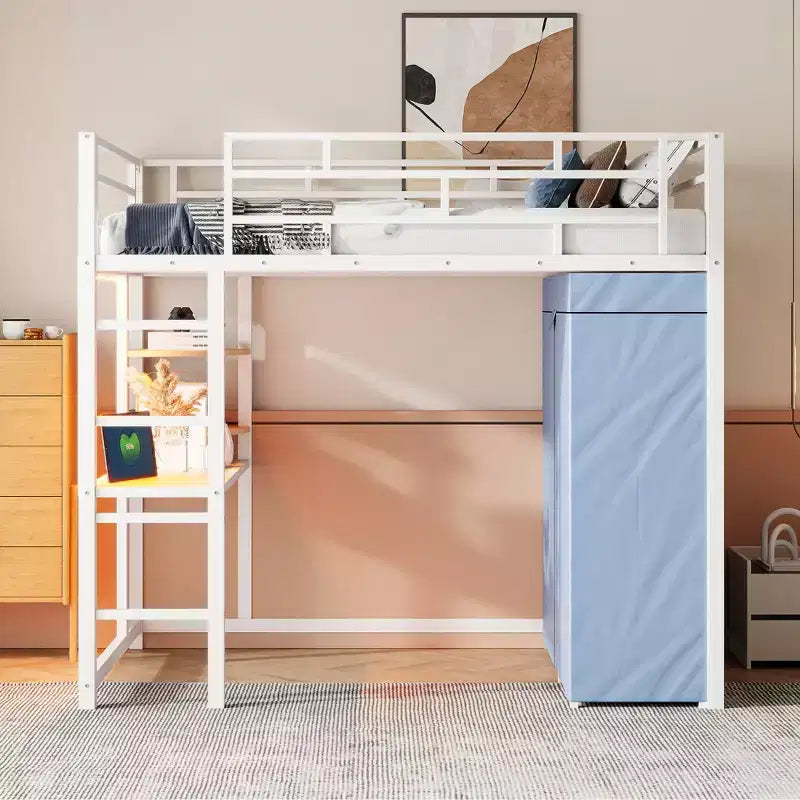Loft Bed with Wardrobe Under The Bed and Curtain, Metal Bed Frame with Desk Shelves Power Outlet and LED Light