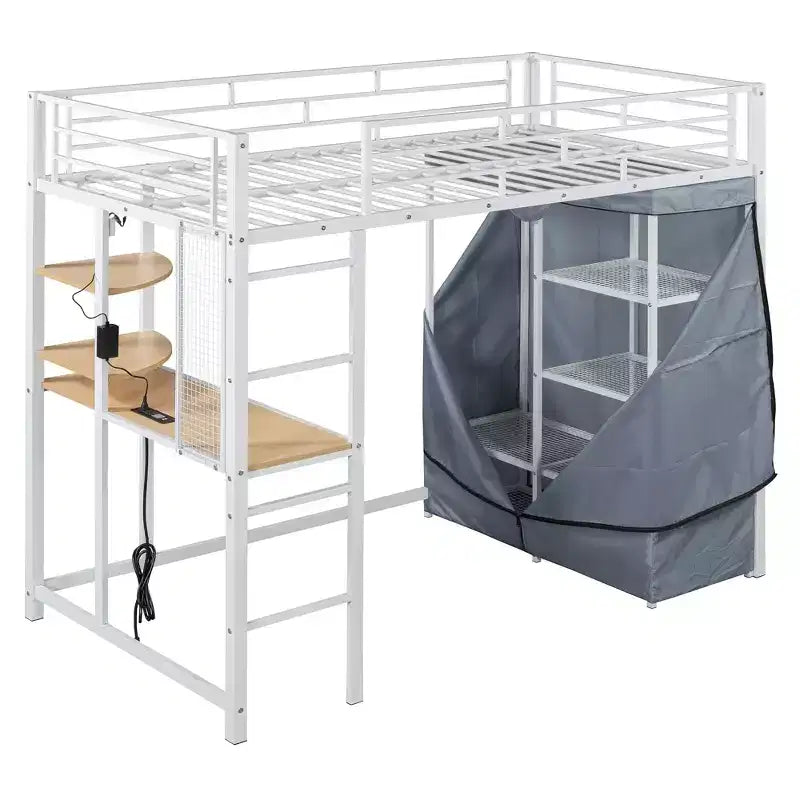 Loft Bed with Wardrobe Under The Bed and Curtain, Metal Bed Frame with Desk Shelves Power Outlet and LED Light