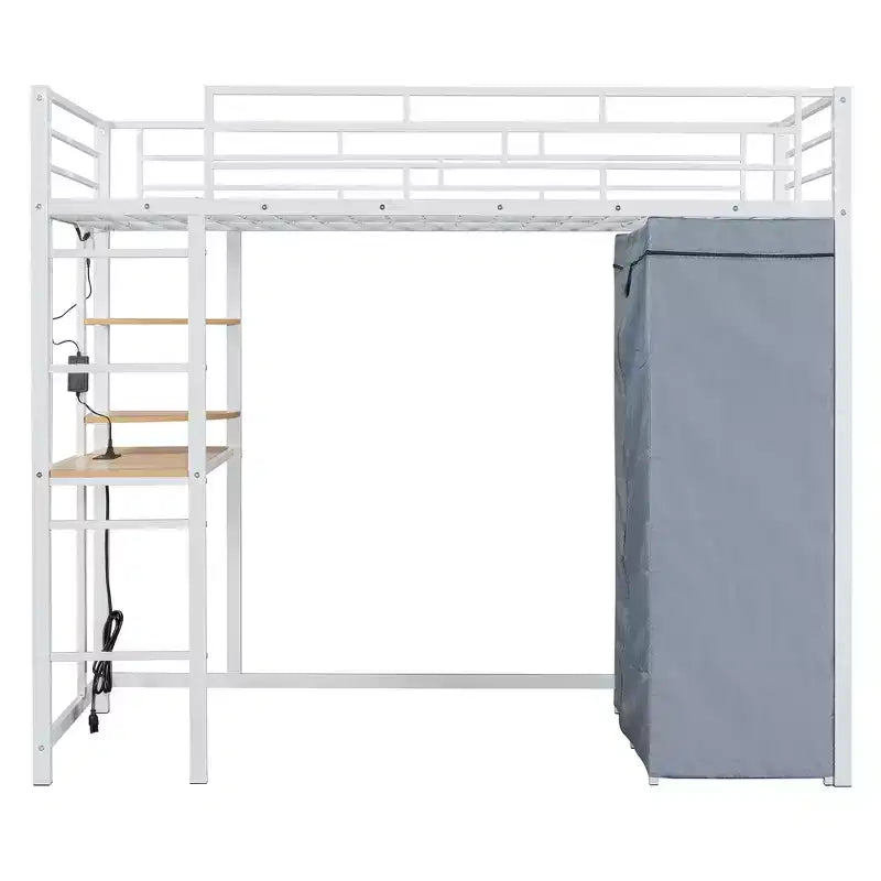 Loft Bed with Wardrobe Under The Bed and Curtain, Metal Bed Frame with Desk Shelves Power Outlet and LED Light