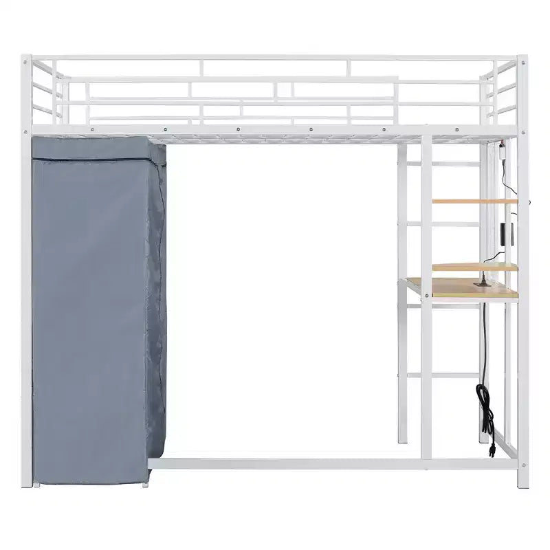 Loft Bed with Wardrobe Under The Bed and Curtain, Metal Bed Frame with Desk Shelves Power Outlet and LED Light
