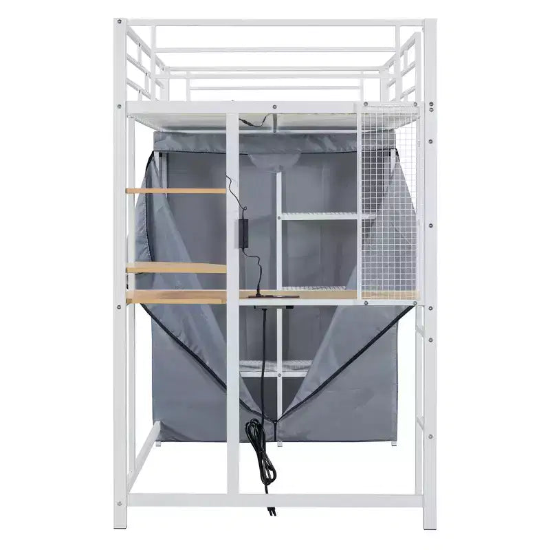 Loft Bed with Wardrobe Under The Bed and Curtain, Metal Bed Frame with Desk Shelves Power Outlet and LED Light