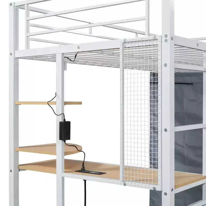 Loft Bed with Wardrobe Under The Bed and Curtain, Metal Bed Frame with Desk Shelves Power Outlet and LED Light
