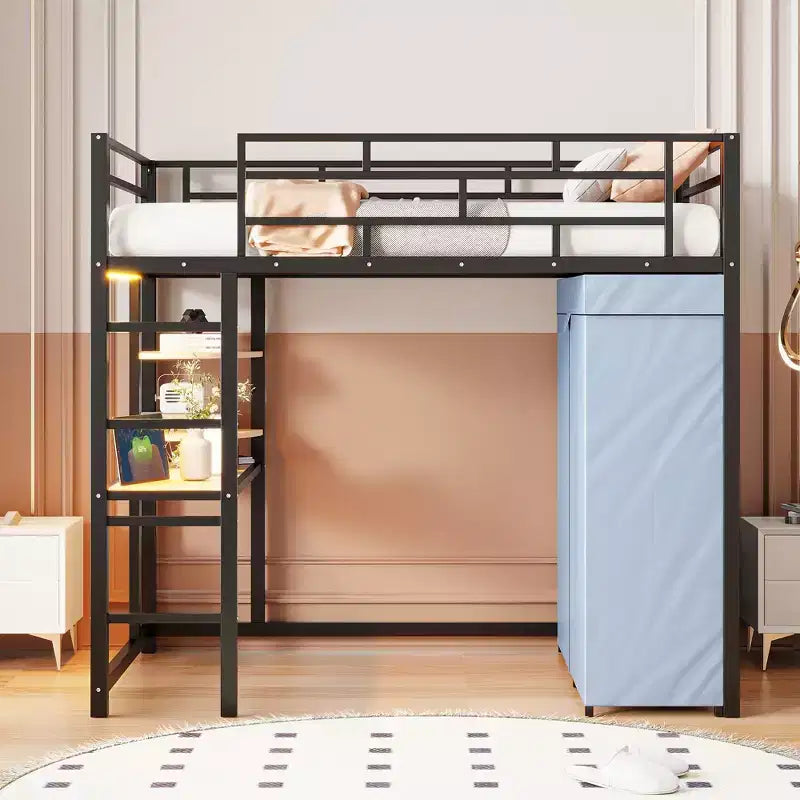 Loft Bed with Wardrobe Under The Bed and Curtain, Metal Bed Frame with Desk Shelves Power Outlet and LED Light