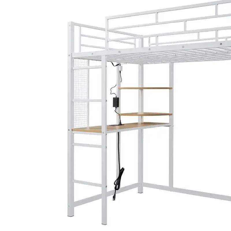Loft Bed with Wardrobe Under The Bed and Curtain, Metal Bed Frame with Desk Shelves Power Outlet and LED Light
