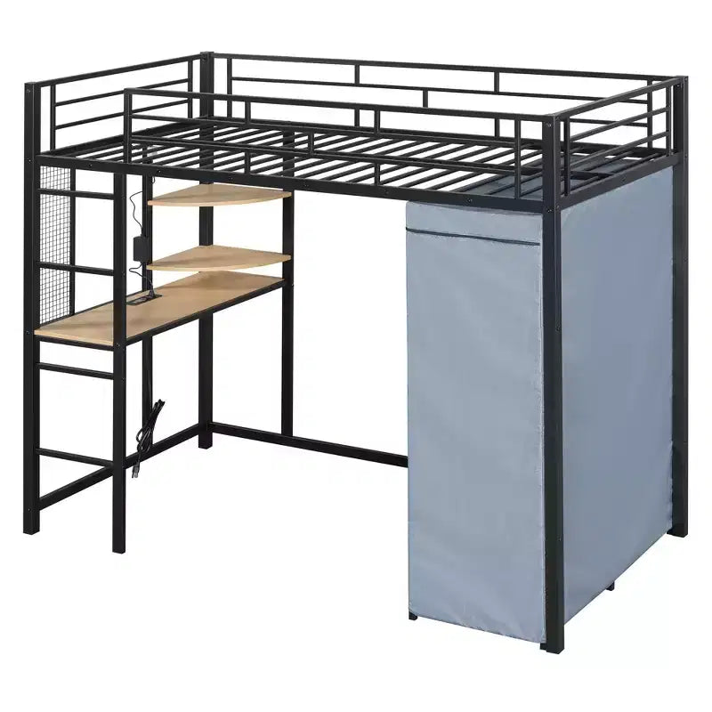 Loft Bed with Wardrobe Under The Bed and Curtain, Metal Bed Frame with Desk Shelves Power Outlet and LED Light