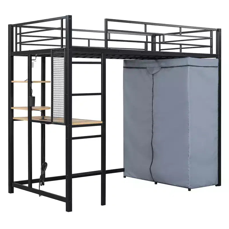 Loft Bed with Wardrobe Under The Bed and Curtain, Metal Bed Frame with Desk Shelves Power Outlet and LED Light