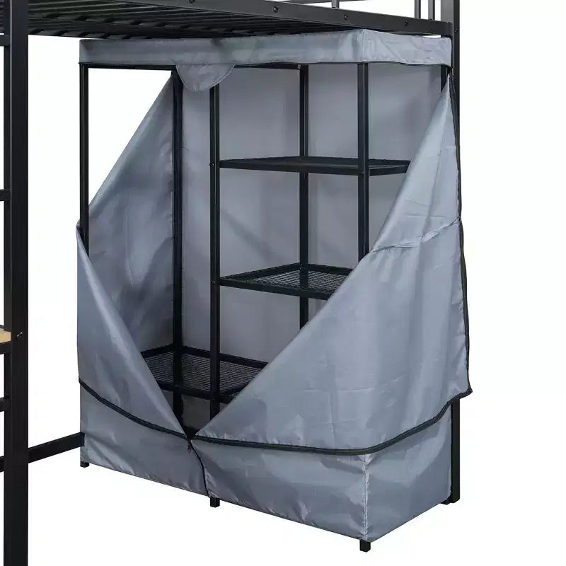 Loft Bed with Wardrobe Under The Bed and Curtain, Metal Bed Frame with Desk Shelves Power Outlet and LED Light