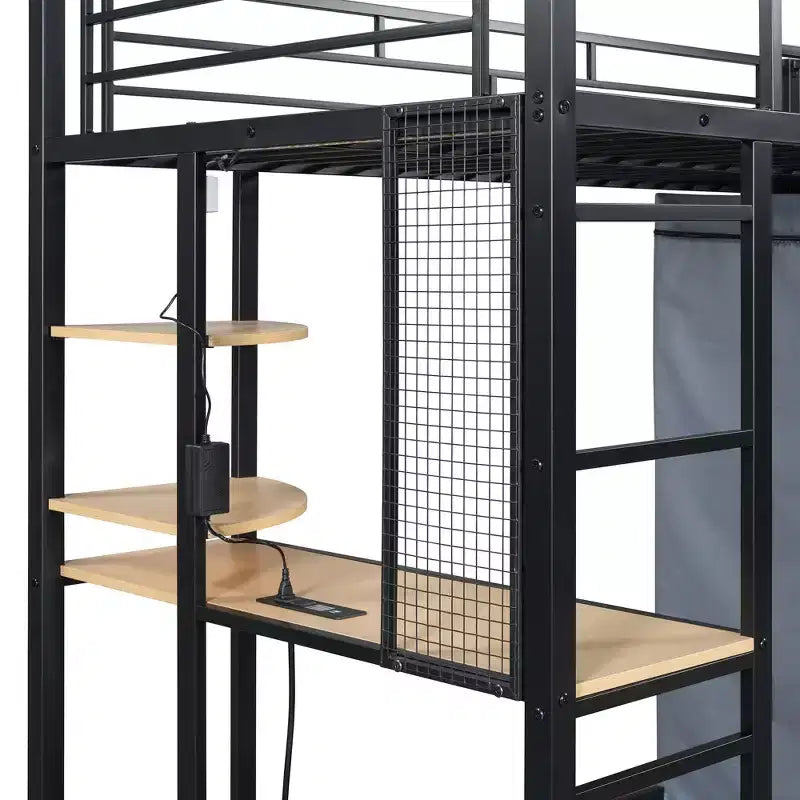 Loft Bed with Wardrobe Under The Bed and Curtain, Metal Bed Frame with Desk Shelves Power Outlet and LED Light