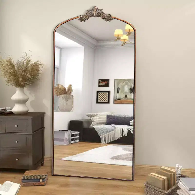 66"x36"/43"x24" Vintage Carving Metal Frame Full Length Mirror, Oversized Floor Mirror, Arched Mirror for Clothing Shop, Dressing Room