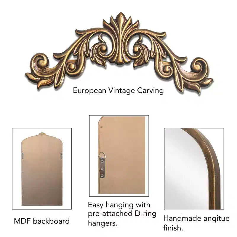 66"x36"/43"x24" Vintage Carving Metal Frame Full Length Mirror, Oversized Floor Mirror, Arched Mirror for Clothing Shop, Dressing Room