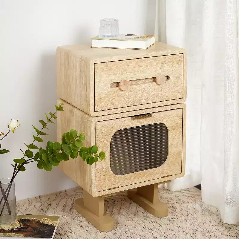 Creative Swivel Robot Nightstands Storage Side Table, Natural Finish