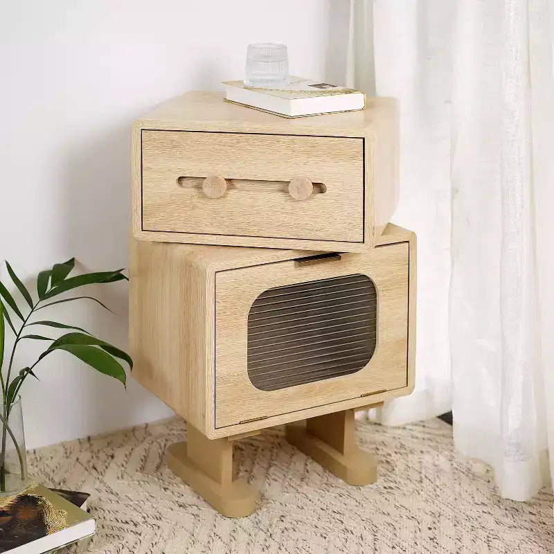 Creative Swivel Robot Nightstands Storage Side Table, Natural Finish