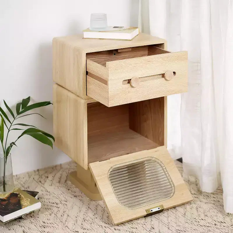 Creative Swivel Robot Nightstands Storage Side Table, Natural Finish