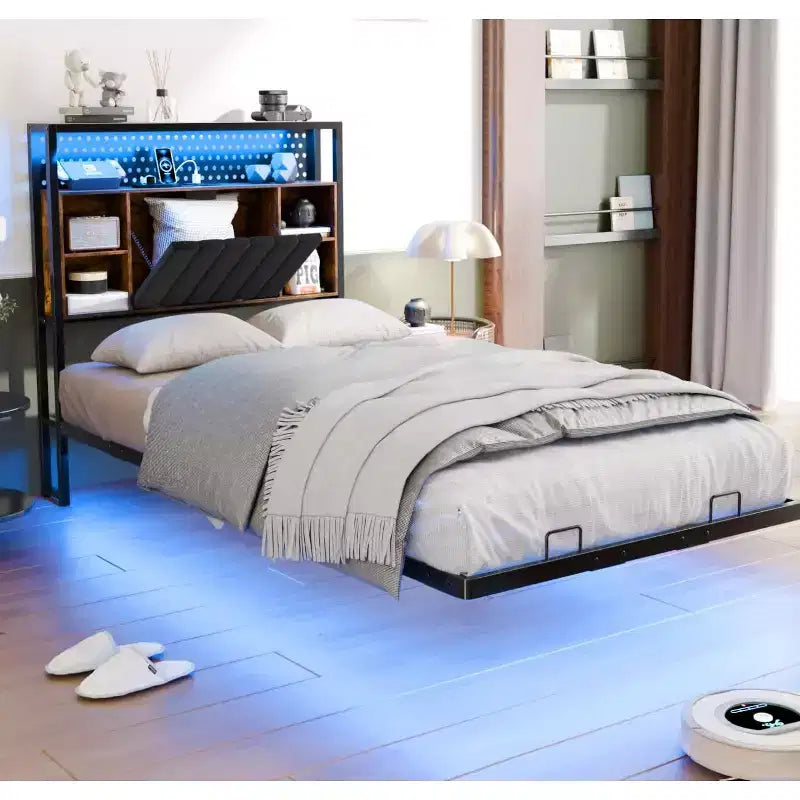 Floating Bed Frame with LED Lights, Charging Station, Hidden Storage & Velvet Headboard, No Box Spring Needed, Easy Assembly