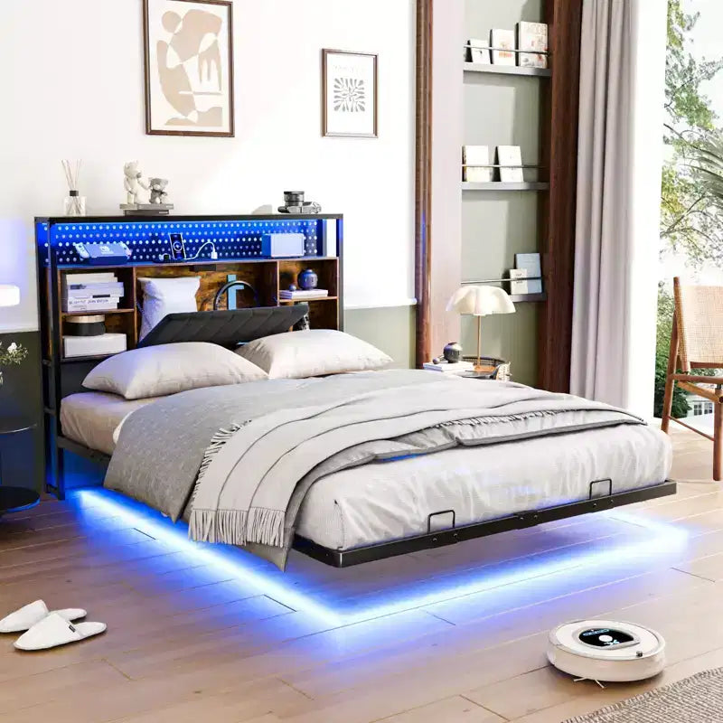 Floating Bed Frame with LED Lights, Charging Station, Hidden Storage & Velvet Headboard, No Box Spring Needed, Easy Assembly