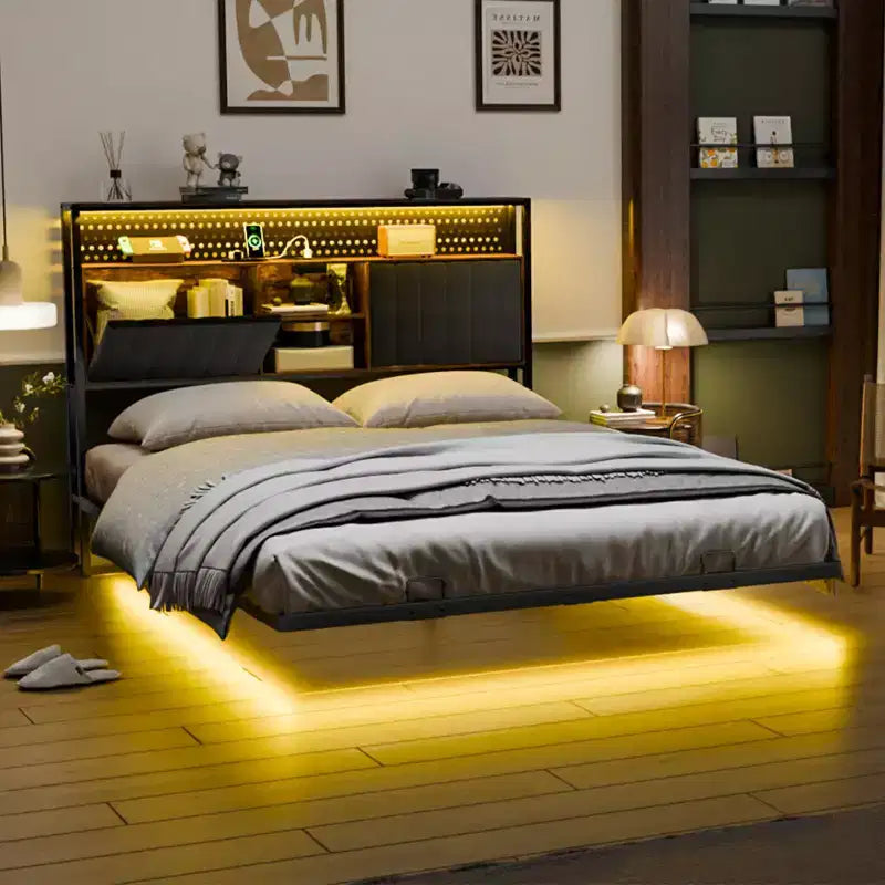 Floating Bed Frame with LED Lights, Charging Station, Hidden Storage & Velvet Headboard, No Box Spring Needed, Easy Assembly
