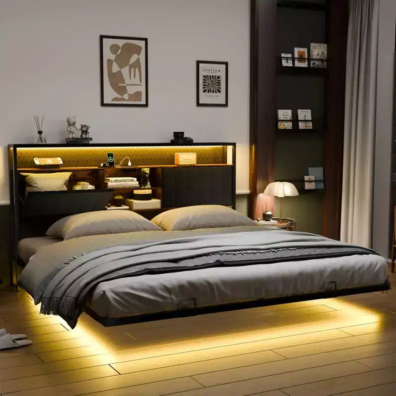 Floating Bed Frame with LED Lights, Charging Station, Hidden Storage & Velvet Headboard, No Box Spring Needed, Easy Assembly