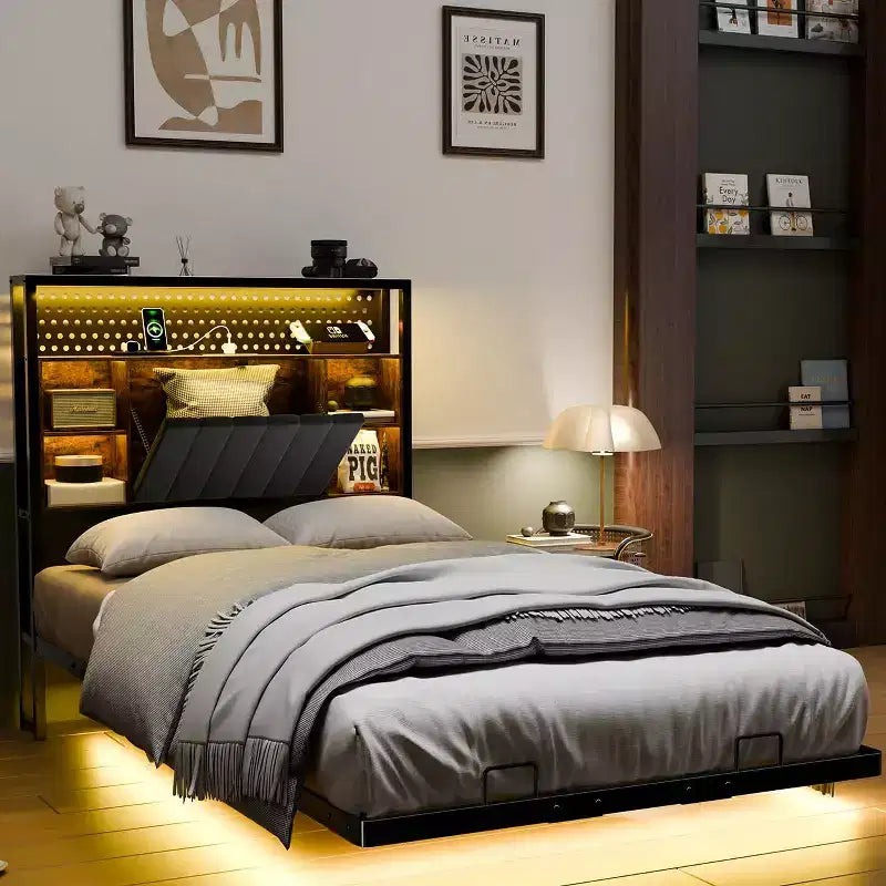 Floating Bed Frame with LED Lights, Charging Station, Hidden Storage & Velvet Headboard, No Box Spring Needed, Easy Assembly