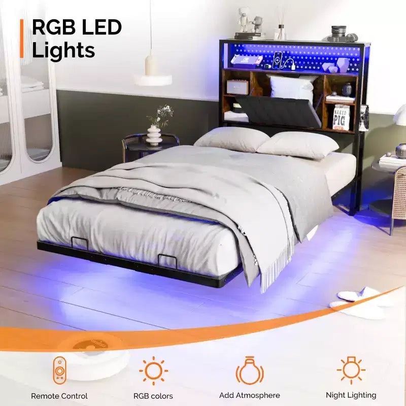 Floating Bed Frame with LED Lights, Charging Station, Hidden Storage & Velvet Headboard, No Box Spring Needed, Easy Assembly