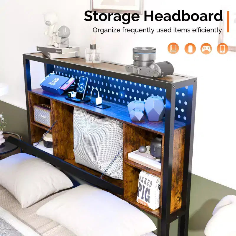 Floating Bed Frame with LED Lights, Charging Station, Hidden Storage & Velvet Headboard, No Box Spring Needed, Easy Assembly