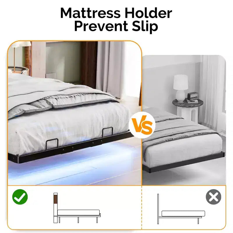 Floating Bed Frame with LED Lights, Charging Station, Hidden Storage & Velvet Headboard, No Box Spring Needed, Easy Assembly