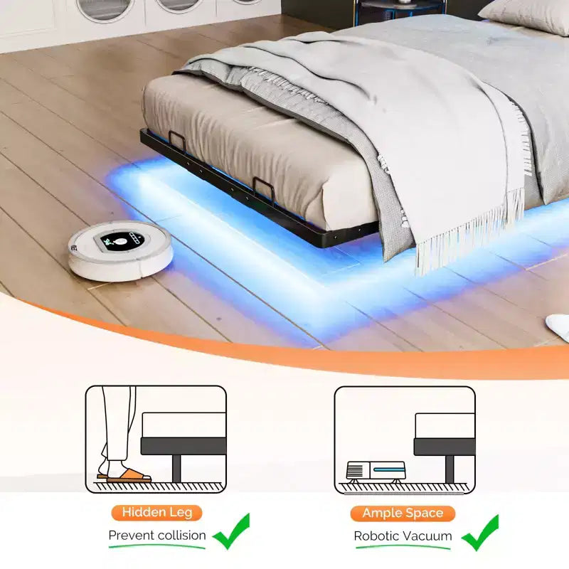 Floating Bed Frame with LED Lights, Charging Station, Hidden Storage & Velvet Headboard, No Box Spring Needed, Easy Assembly