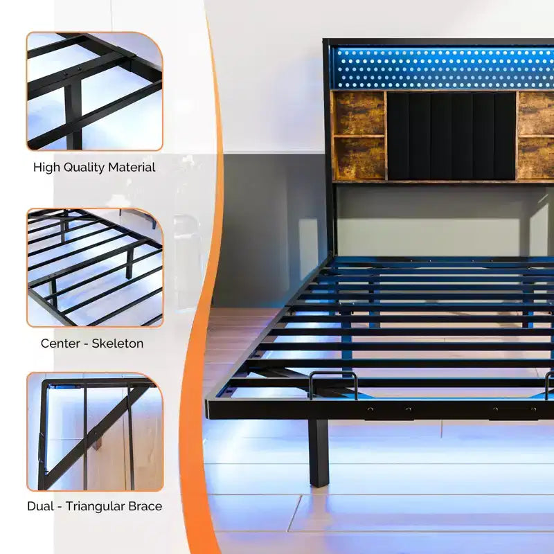 Floating Bed Frame with LED Lights, Charging Station, Hidden Storage & Velvet Headboard, No Box Spring Needed, Easy Assembly