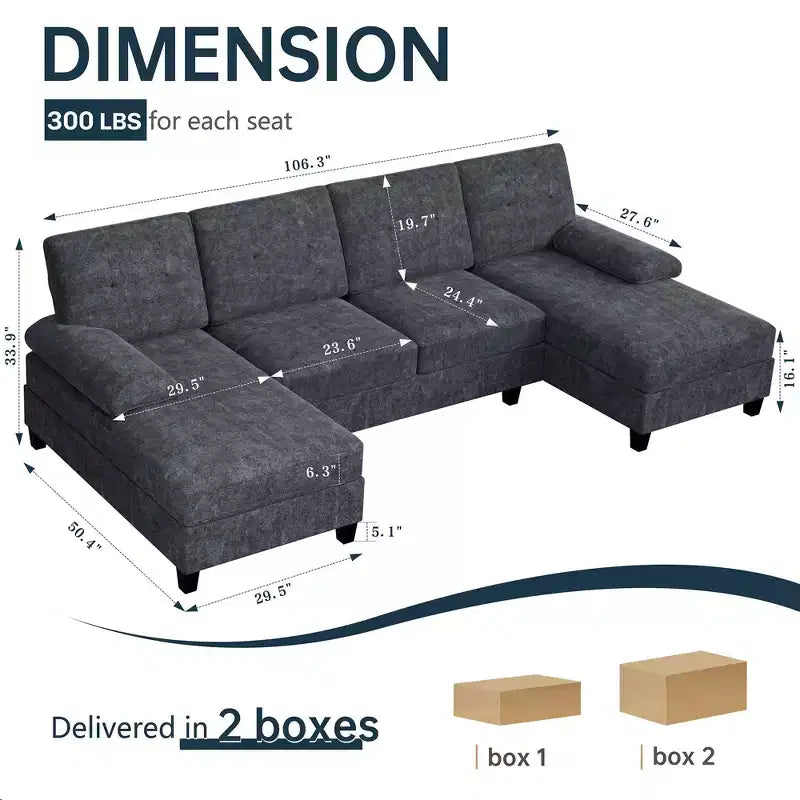 106" Sectional Couch for Living Room, U-Shaped 4-Seat Sofa with Double Chaise, Comfortable Fabric Sofa for Apartment