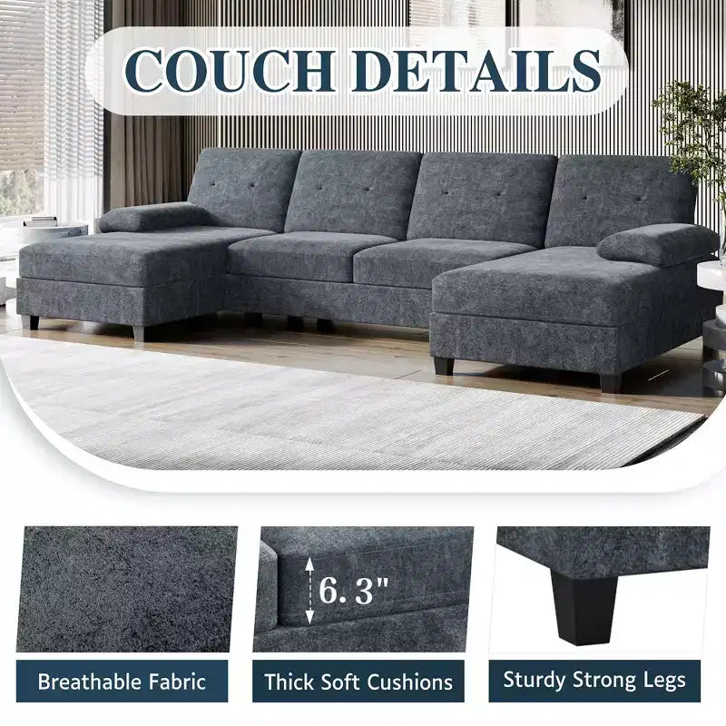 106" Sectional Couch for Living Room, U-Shaped 4-Seat Sofa with Double Chaise, Comfortable Fabric Sofa for Apartment