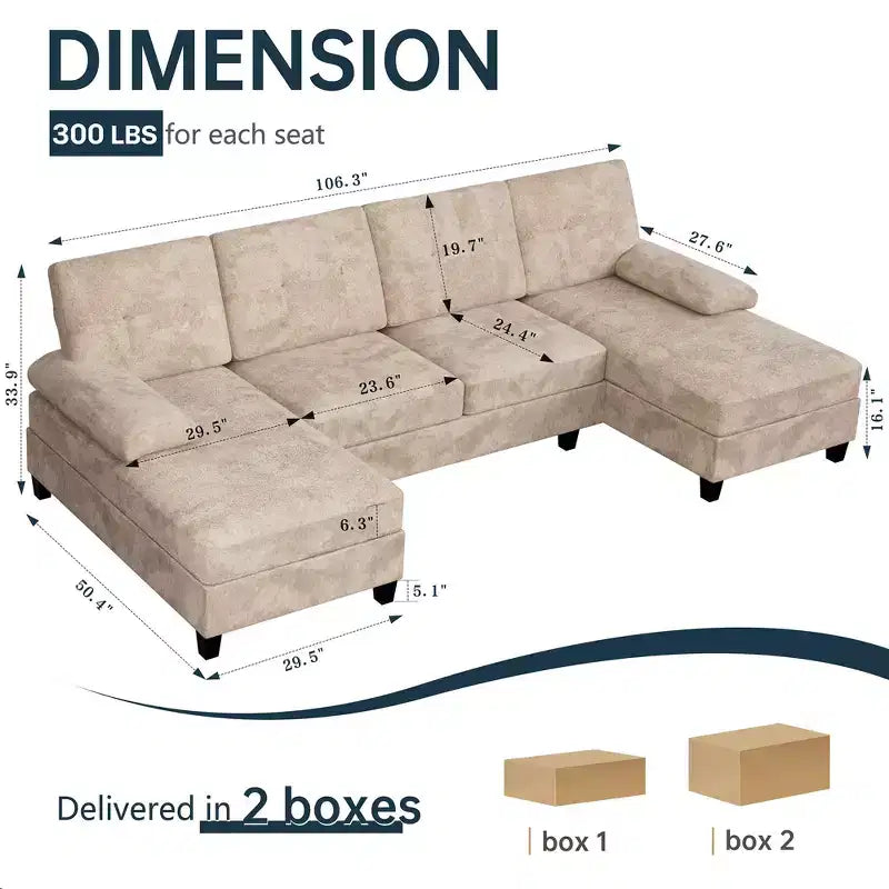 106" Sectional Couch for Living Room, U-Shaped 4-Seat Sofa with Double Chaise, Comfortable Fabric Sofa for Apartment