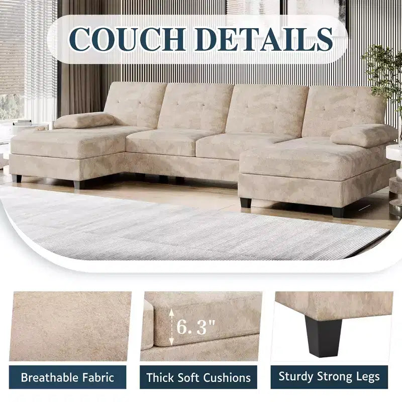 106" Sectional Couch for Living Room, U-Shaped 4-Seat Sofa with Double Chaise, Comfortable Fabric Sofa for Apartment