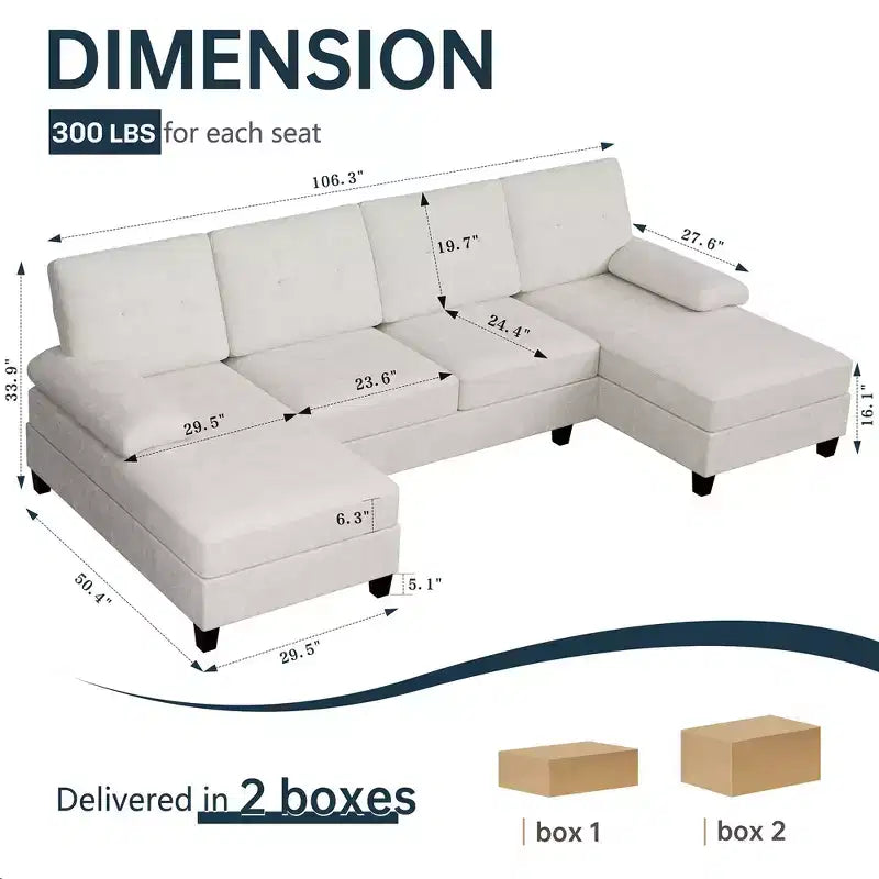 106" Sectional Couch for Living Room, U-Shaped 4-Seat Sofa with Double Chaise, Comfortable Fabric Sofa for Apartment