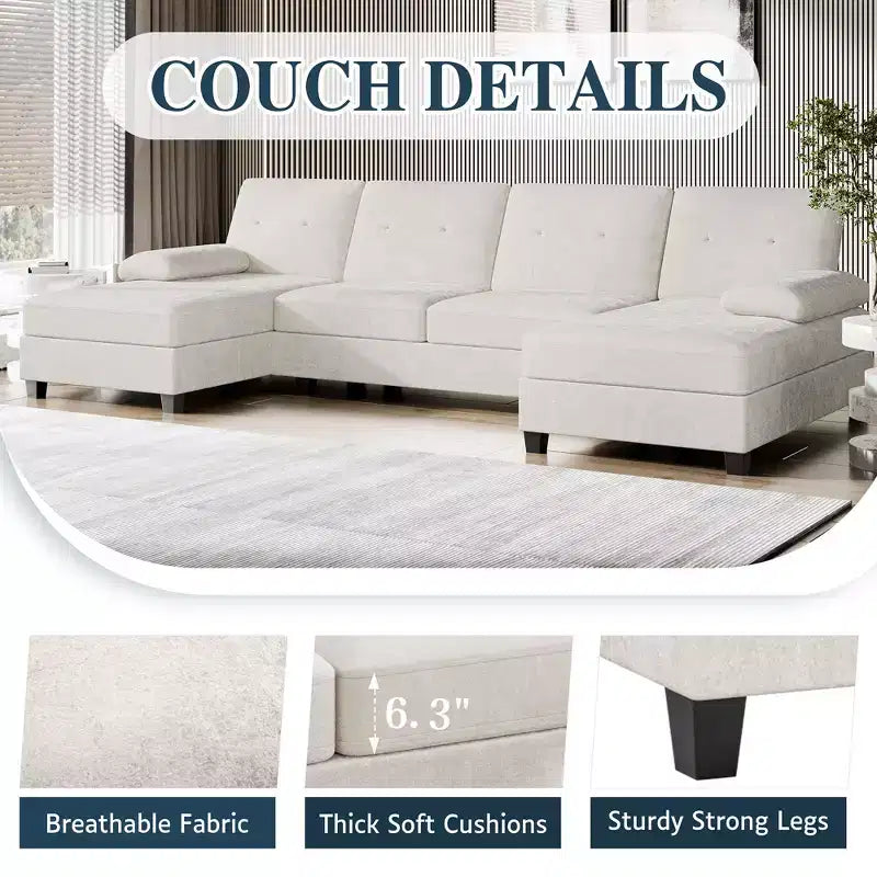 106" Sectional Couch for Living Room, U-Shaped 4-Seat Sofa with Double Chaise, Comfortable Fabric Sofa for Apartment