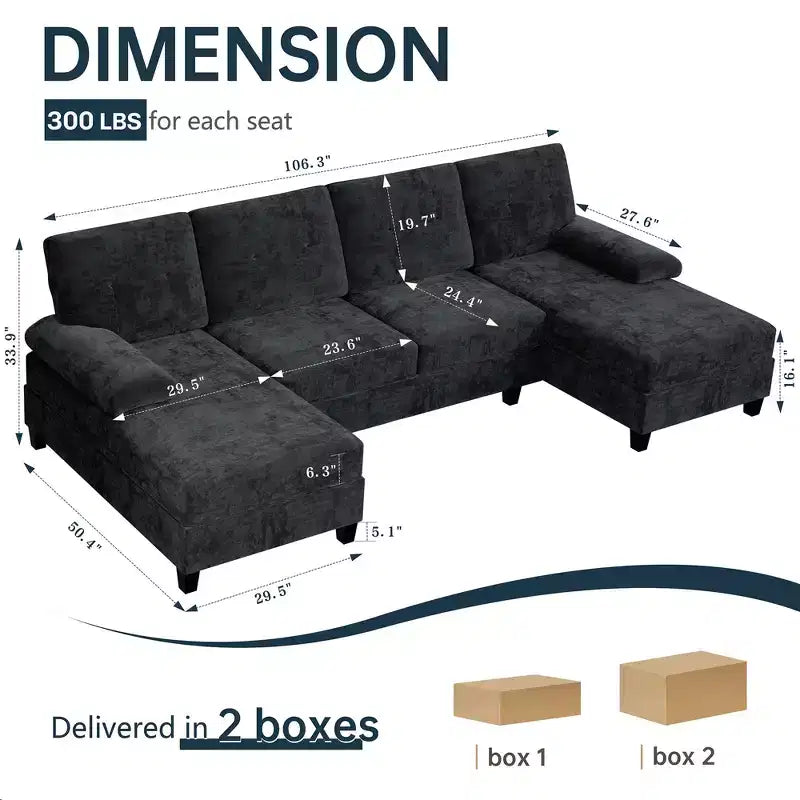 106" Sectional Couch for Living Room, U-Shaped 4-Seat Sofa with Double Chaise, Comfortable Fabric Sofa for Apartment