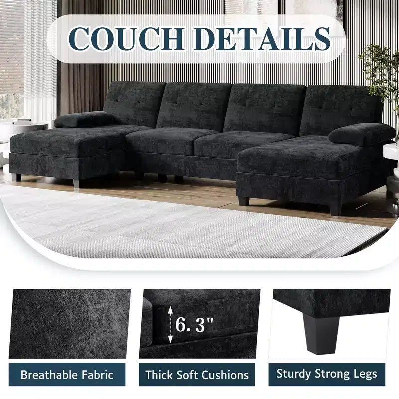 106" Sectional Couch for Living Room, U-Shaped 4-Seat Sofa with Double Chaise, Comfortable Fabric Sofa for Apartment