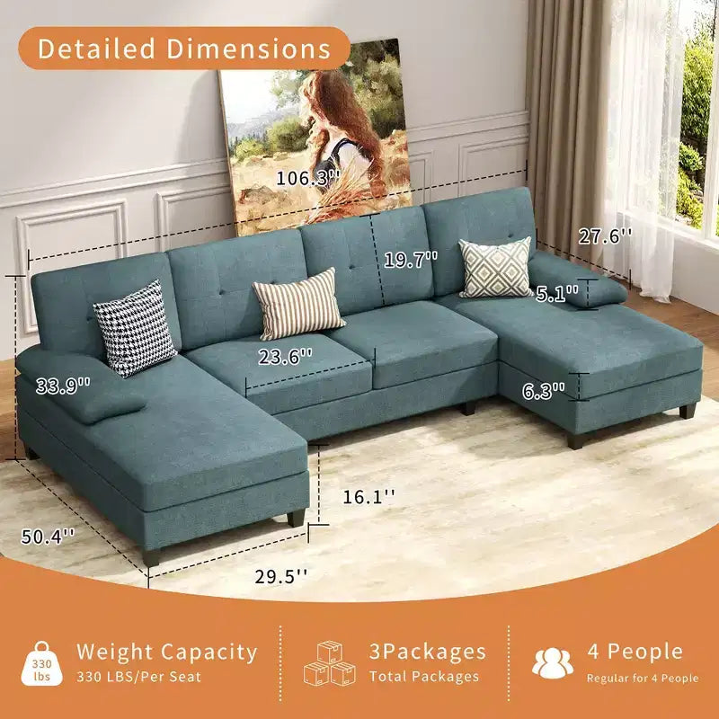 106" Sectional Couch for Living Room, U-Shaped 4-Seat Sofa with Double Chaise, Comfortable Fabric Sofa for Apartment
