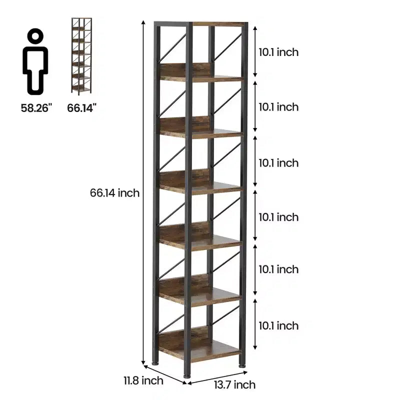 6 Tier Narrow Bookcase Tall Skinny Bookshelf Rustic Corner Shelf Small Bookshelves Industrial Bookcase for Bedroom, Living Room, Home Office