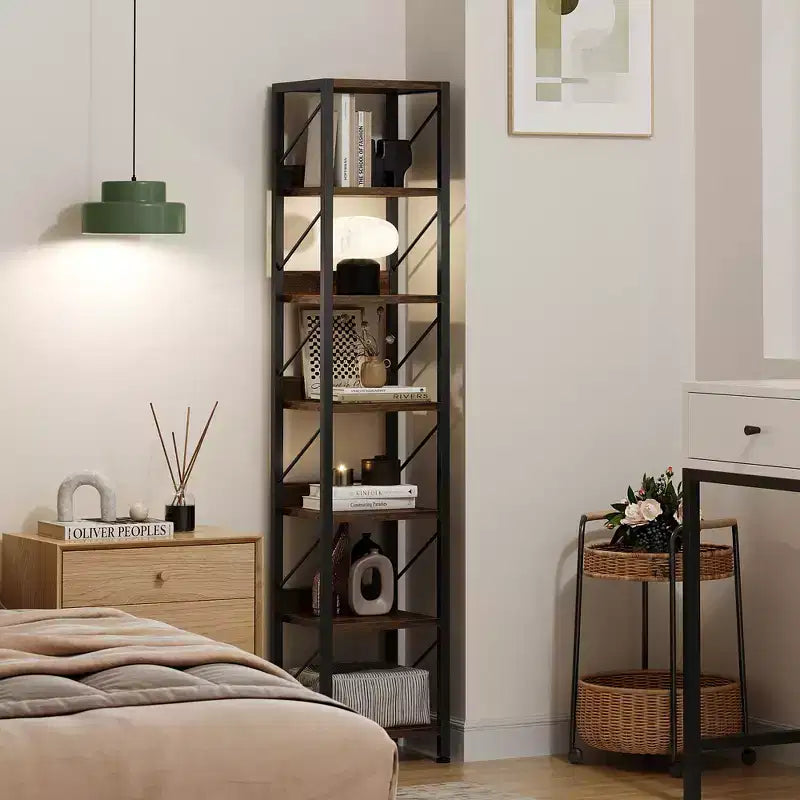 6 Tier Narrow Bookcase Tall Skinny Bookshelf Rustic Corner Shelf Small Bookshelves Industrial Bookcase for Bedroom, Living Room, Home Office