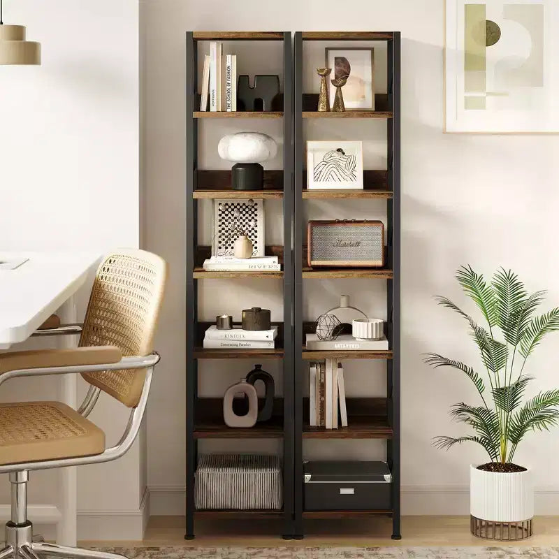 6 Tier Narrow Bookcase Tall Skinny Bookshelf Rustic Corner Shelf Small Bookshelves Industrial Bookcase for Bedroom, Living Room, Home Office