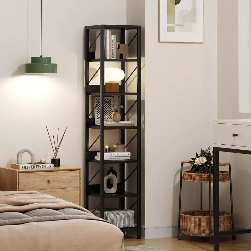 6 Tier Narrow Bookcase Tall Skinny Bookshelf Rustic Corner Shelf Small Bookshelves Industrial Bookcase for Bedroom, Living Room, Home Office