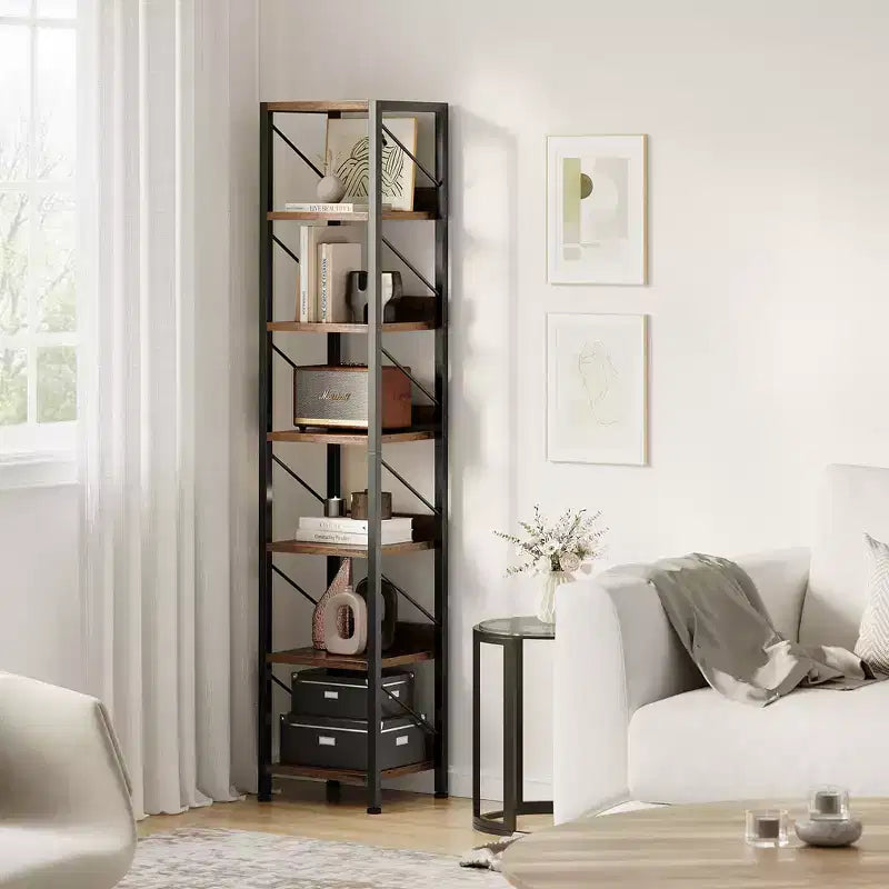 6 Tier Narrow Bookcase Tall Skinny Bookshelf Rustic Corner Shelf Small Bookshelves Industrial Bookcase for Bedroom, Living Room, Home Office