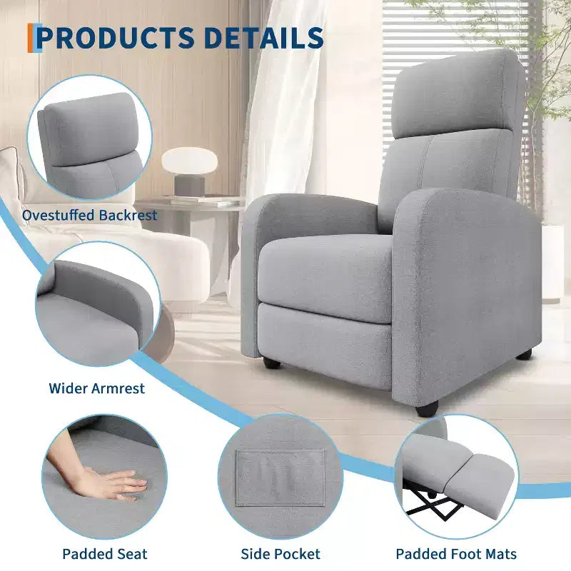 Recliner Chair for Adults, Adjustable Single Sofa, Enhanced with Side Pocket, Tall Back, Wide Arms & Padded Seat, Home Seating for Living Room