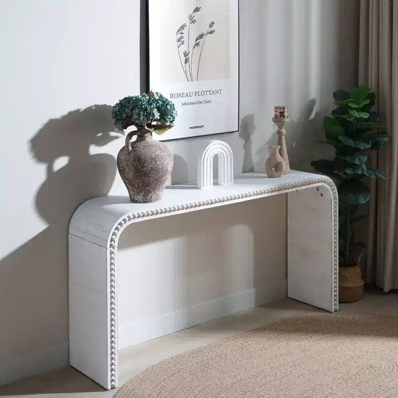 59" Waterfall-Style Entryway Table with Wood Beads, Console Table with Minimalist Design, Accent Table for Hallway, Living Room, White