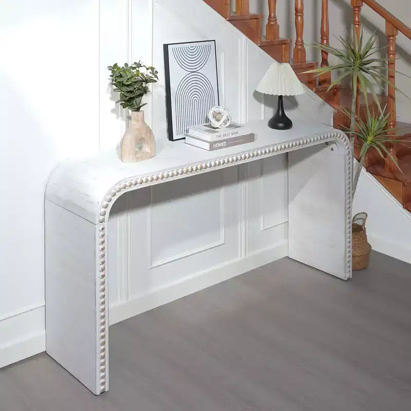 59" Waterfall-Style Entryway Table with Wood Beads, Console Table with Minimalist Design, Accent Table for Hallway, Living Room, White