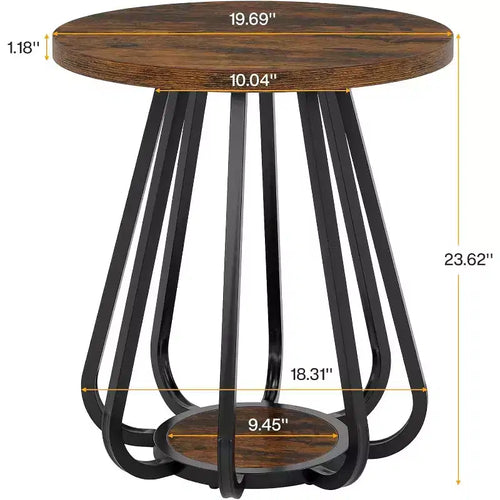 2-Tier Small Round Side Table with Metal Frame and Lower Shelf, End Table for Small Spaces, Living Room, Bedroom, Vintage Brown & Black