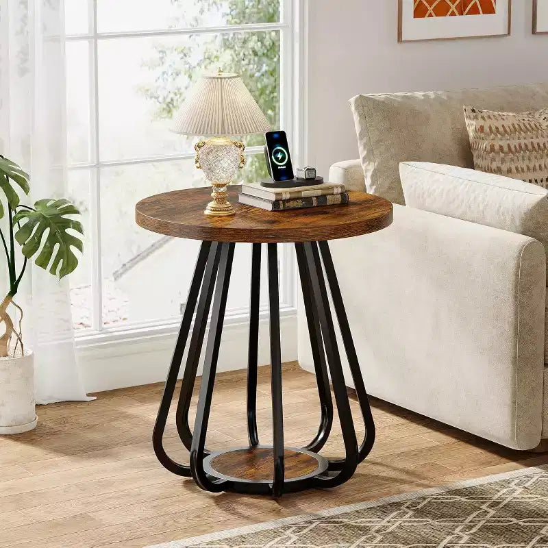 2-Tier Small Round Side Table with Metal Frame and Lower Shelf, End Table for Small Spaces, Living Room, Bedroom, Vintage Brown & Black